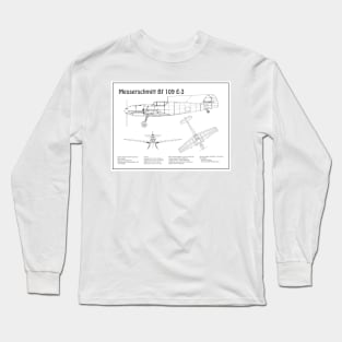 Messerschmitt Bf 109 E-3 - Airplane Blueprint - BD Long Sleeve T-Shirt